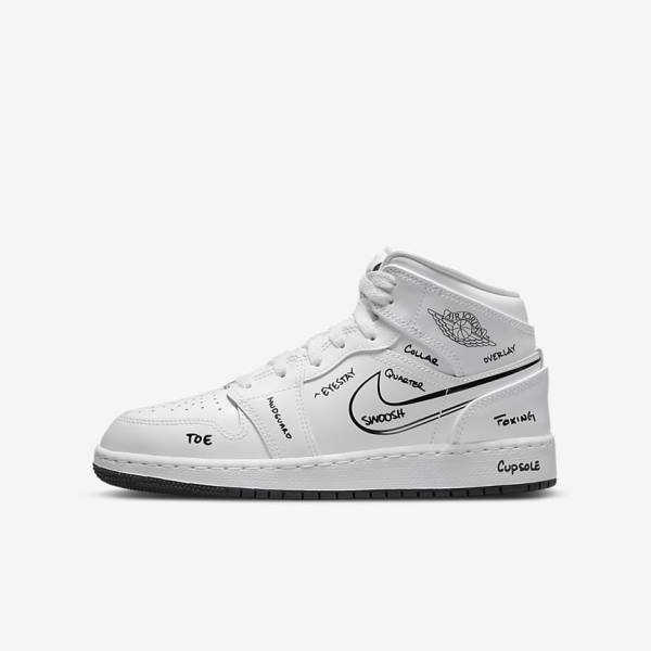 Jordan Scarpe Bambino Nike Air Jordan 1 Mid Older Bianche Nere | NK396UZB