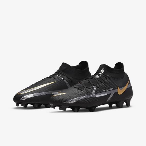 Scarpe da Calcio Donna Nike Phantom GT2 Pro Dynamic Fit FG Firm-Ground Nere Metal Oro Metal Argento Metal Grigie Scuro | NK031VOS