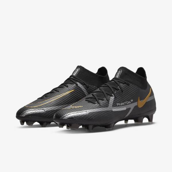 Scarpe da Calcio Uomo Nike Phantom GT2 Dynamic Fit Elite FG Firm-Ground Nere Metal Oro Metal Argento Metal Grigie Scuro | NK960HTJ