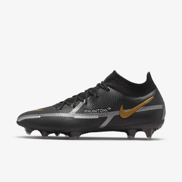 Scarpe da Calcio Uomo Nike Phantom GT2 Dynamic Fit Elite FG Firm-Ground Nere Metal Oro Metal Argento Metal Grigie Scuro | NK960HTJ